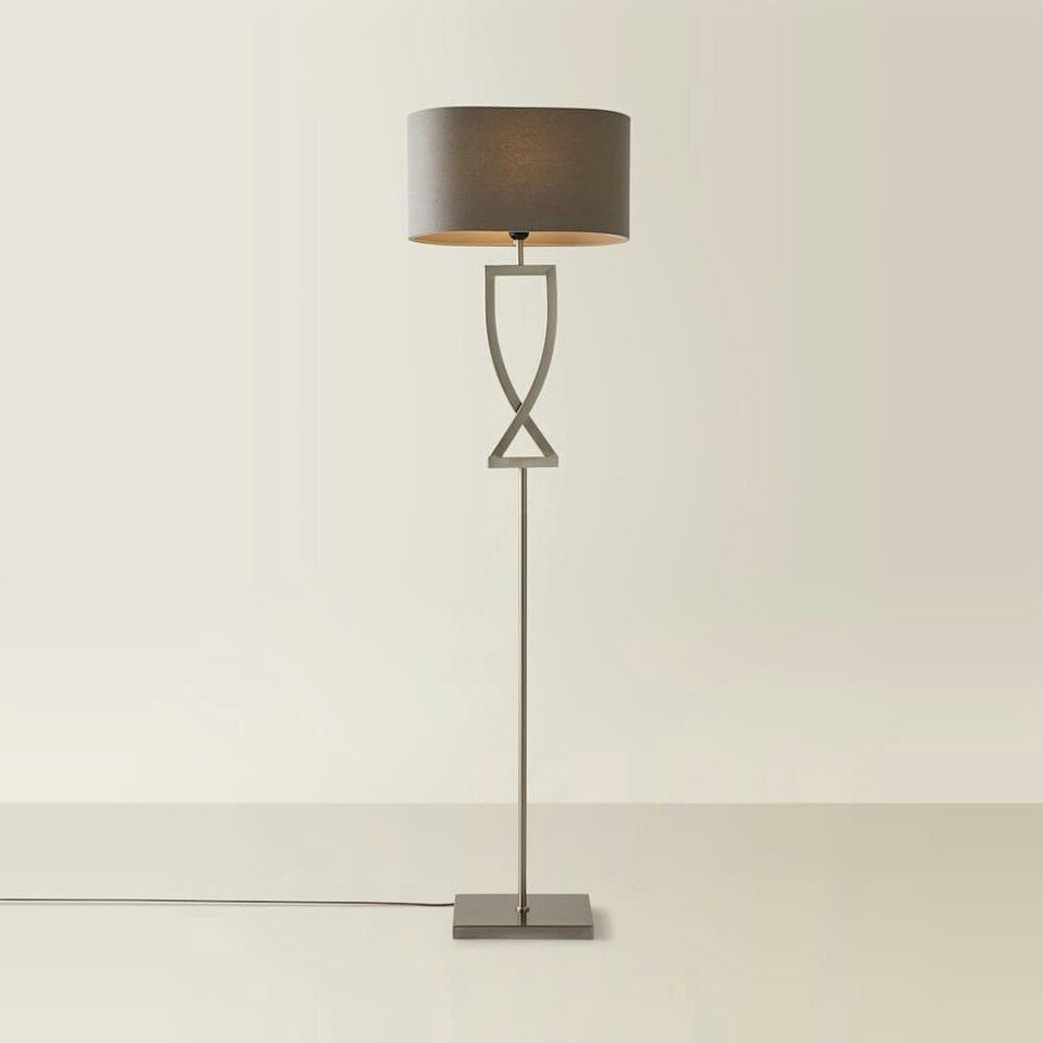 image 1 of ValueLights Katniss Large Silver Chrome Metal Floor Lamp with a Grey Fabric Oval Lampshade - Bulb Included Silver
