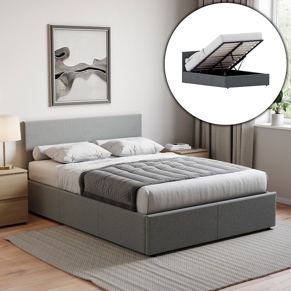 image 1 of Vida Designs Veronica King Size Ottoman Bed, Light Grey Linen & Gel Memory Foam Pocket Spring Mattress, King