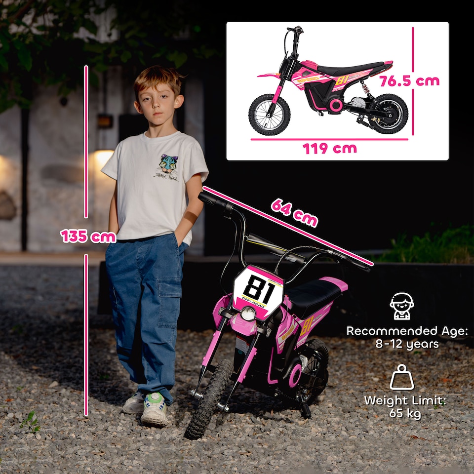 image 1 of AIYAPLAY Kids Electric Motorbike, 24V Battery Powered Dirt Bike with 250W Motor, 6-16km/h, 7AH Batteries, 12" Inflatable Tires and Rear Suspension, Ride On Motorcycle for 8-12 Years Old | Pink