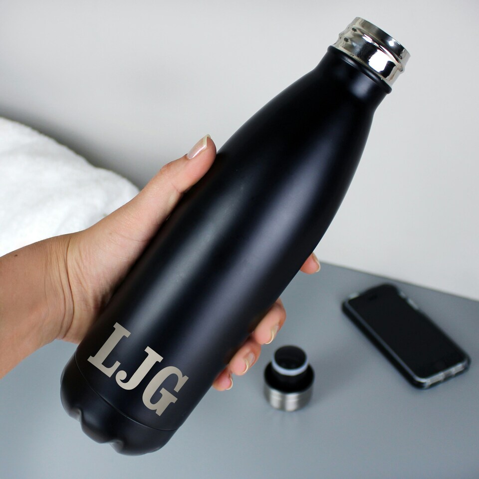 image 1 of Personalised Initials Black Metal Insulated Drinks Bottle