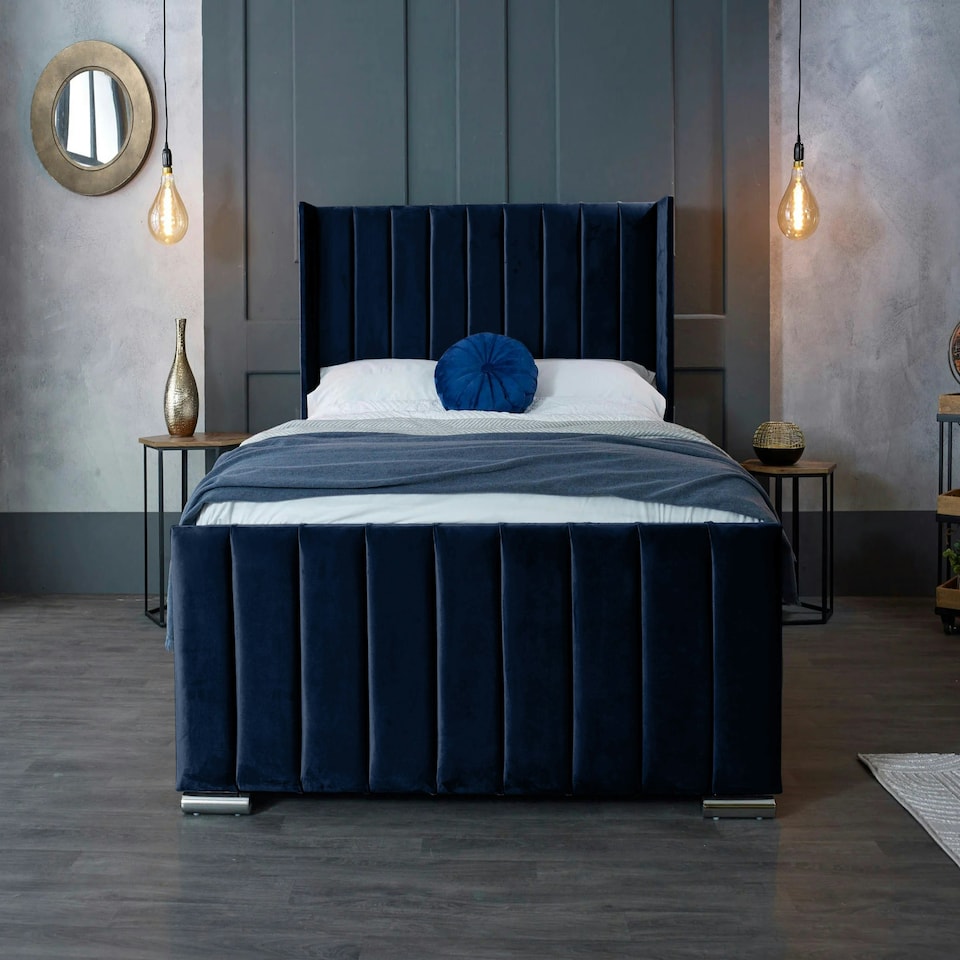 image 1 of Meriso Plush Blue Super King Bed Frame - Blue