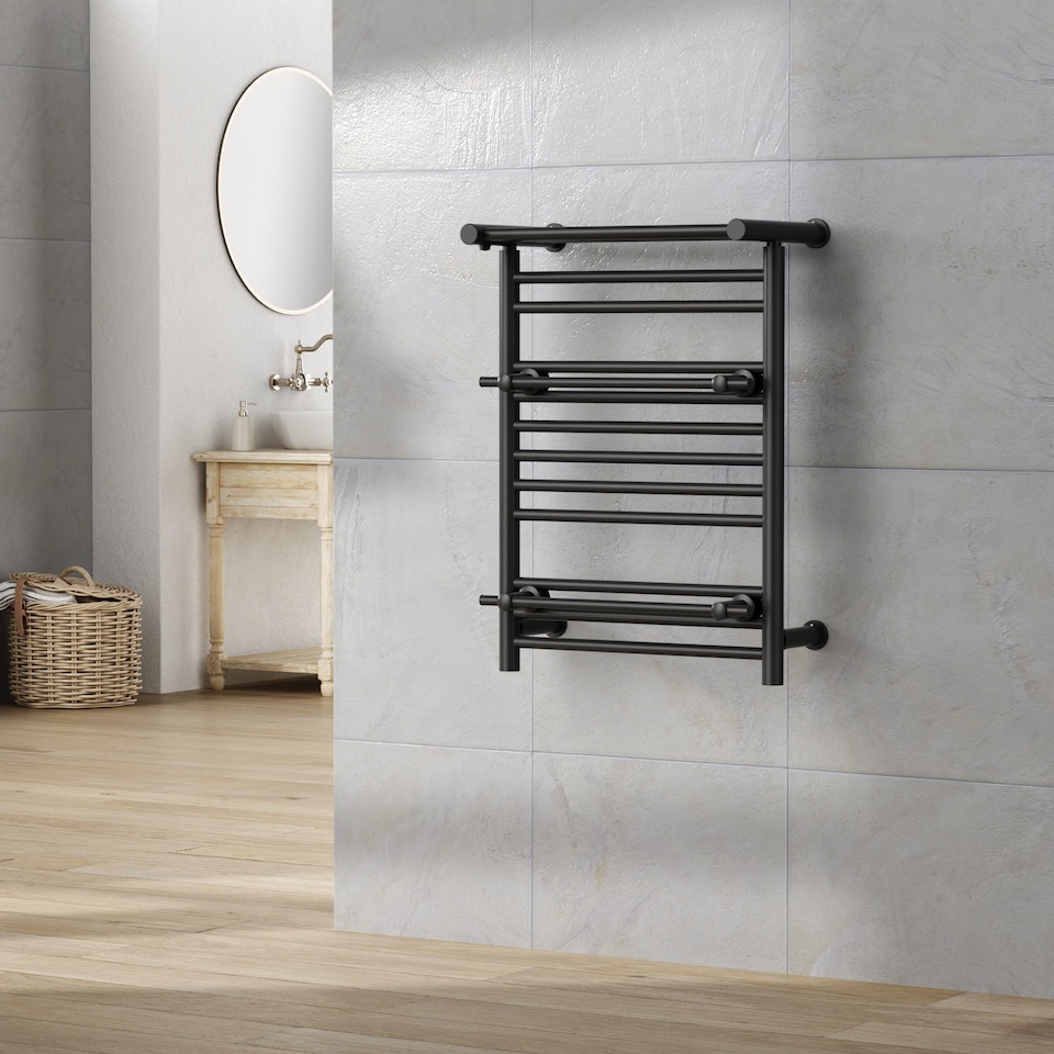 image 1 of 490mm x 680mm Black Heated Towel Rail Radiator Top Shelf & Two Towel Holder OSLO For Bathroom & Kitchen Rag Storage Rack