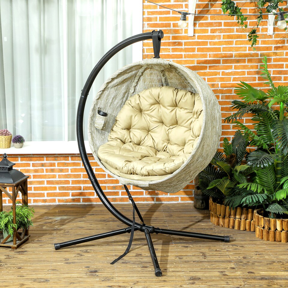 image 1 of Outsunny Hanging Egg Chair Outdoor Indoor Garden Swing Chair with Folding Basket, Thickened Cushion, Cup Holder for Patio, Balcony, Khaki | Brown | Khaki