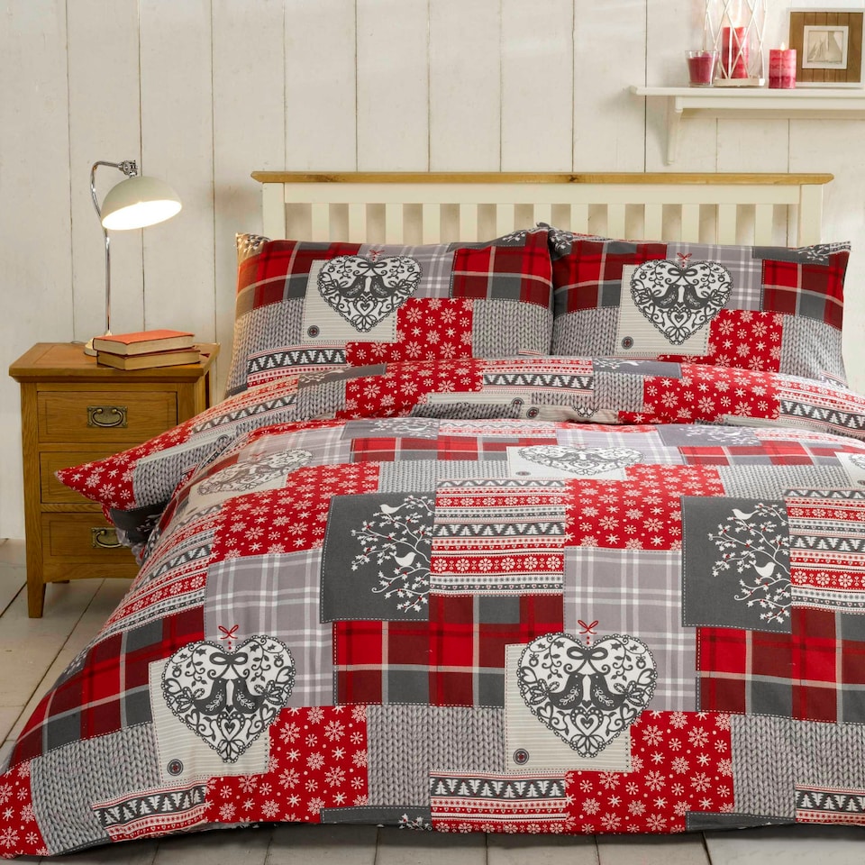 image 1 of Alpine Patchwork Flannelette Duvet Cover Set with Pillowcase Red | Super King