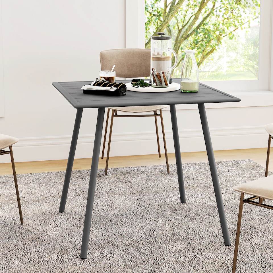 image 1 of Outsunny Garden Dining Table for 4 Person, Square Outdoor Table with Easy Clean Slat Top, Rust Resistant Steel Frame, for Terrace, Balcony, 80 x 80 x 74 cm, Grey | Grey