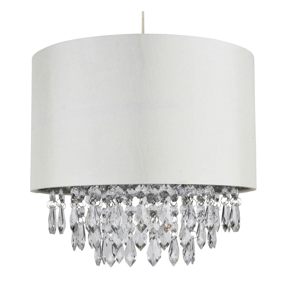 image 1 of First Choice Lighting Set of 2 300mm Cream Faux Silk Easy Fit Shade with Chrome Inner and Clear Droplets Cream | Clear