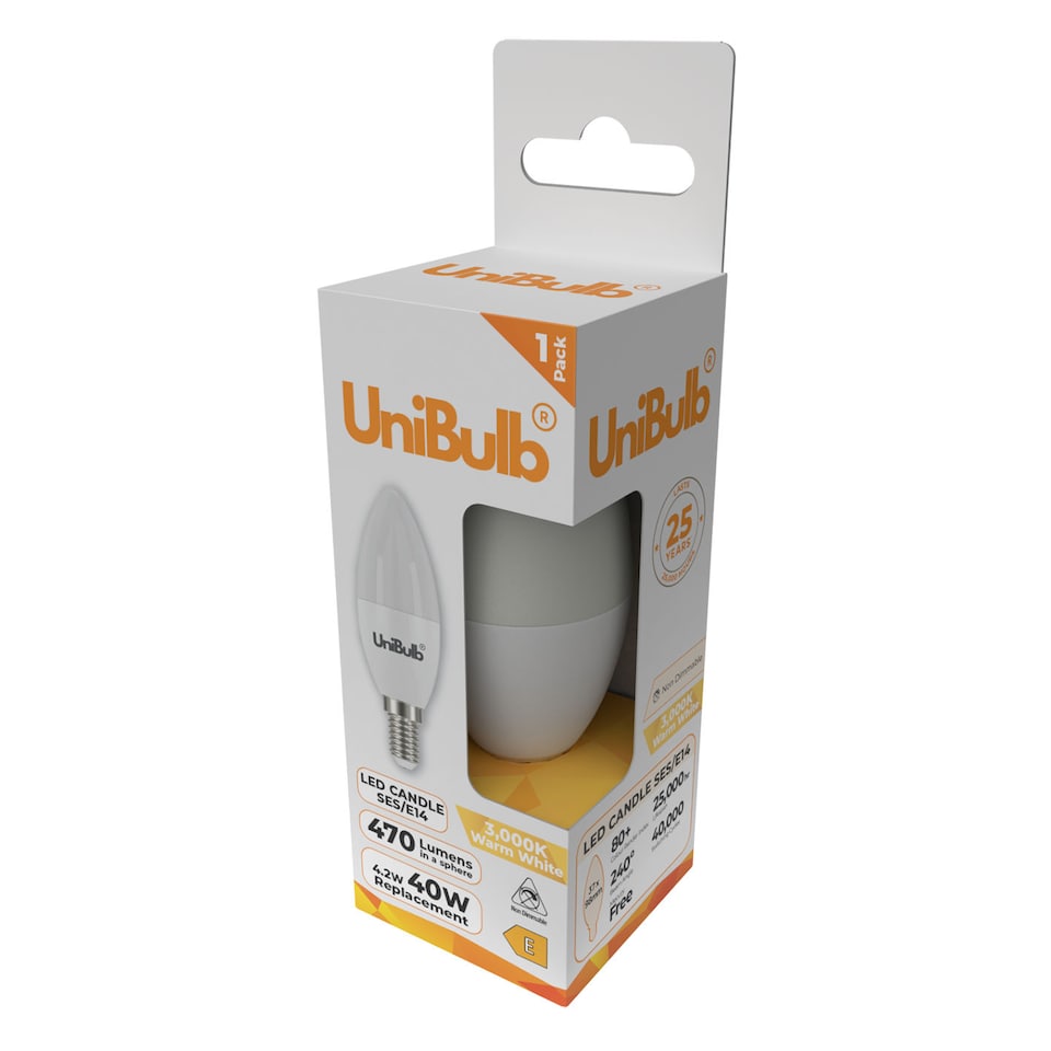 image 1 of UniBulb LED Candle E14 Small Edison Screw (SES) 470lm 4.2W (Replaces 40W) 3000K (Warm White) Light Bulb - Pack of 6