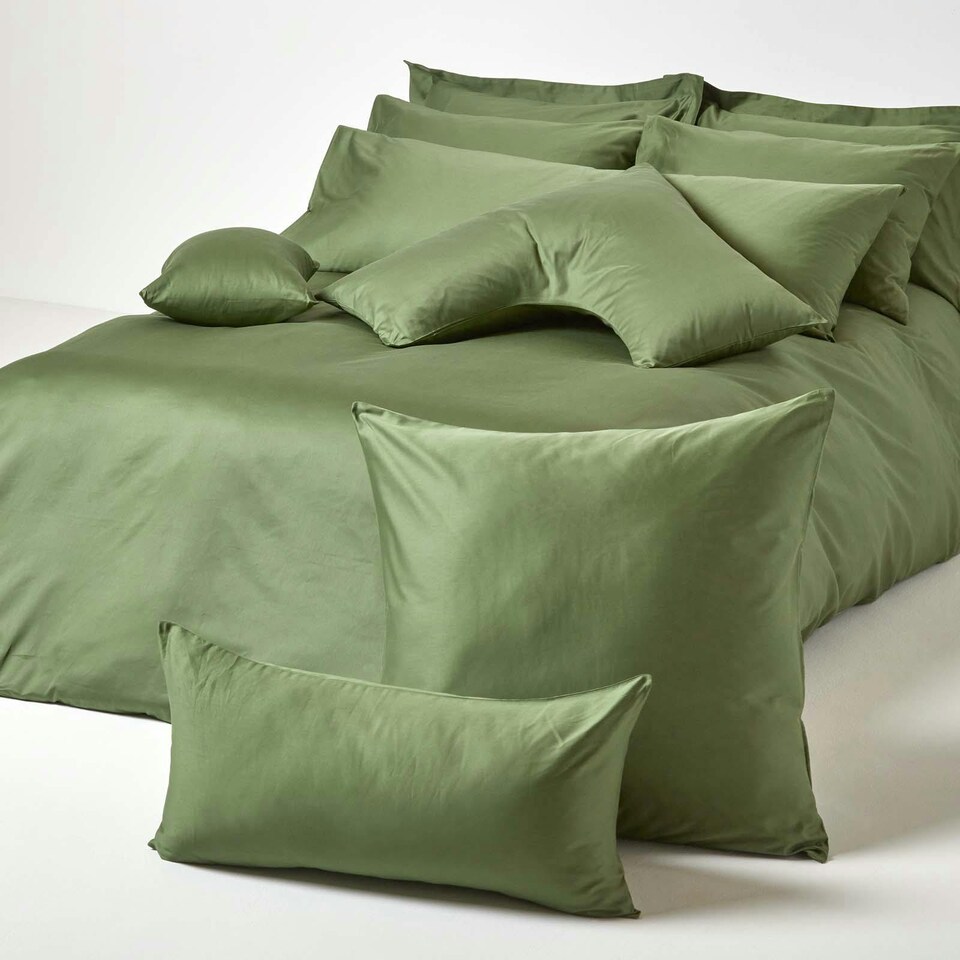 image 1 of Homescapes Moss Green V Shaped Pillowcase Organic Cotton 400 Thread Count | Green
