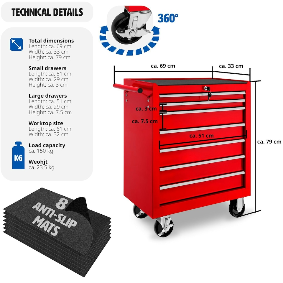 image 1 of Tool Chest - 7 drawers, 4 wheels, central locking Red | Red