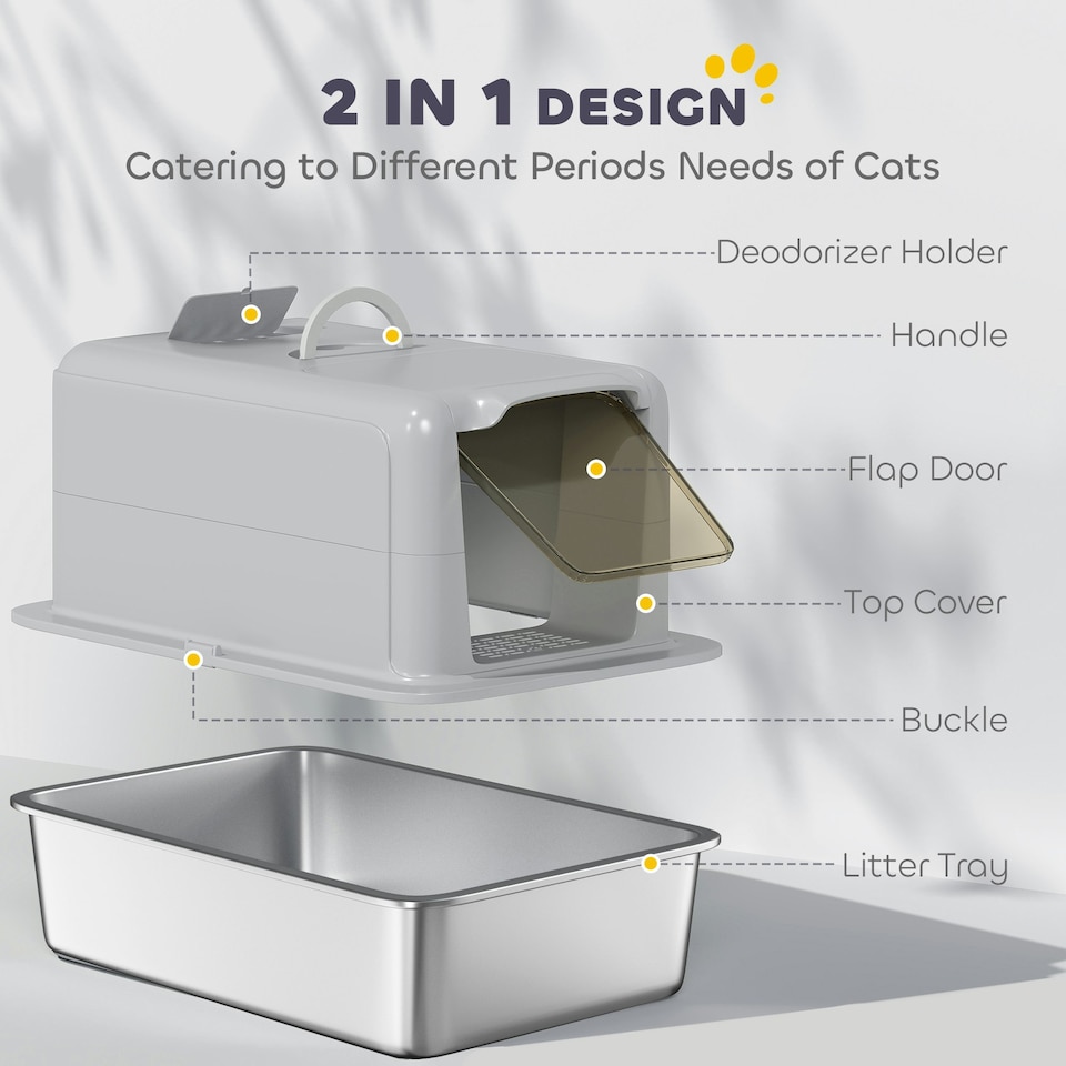 image 1 of PawHut Stainless Steel Cat Litter Box with Removable Lid, Scoop | Grey | One Size