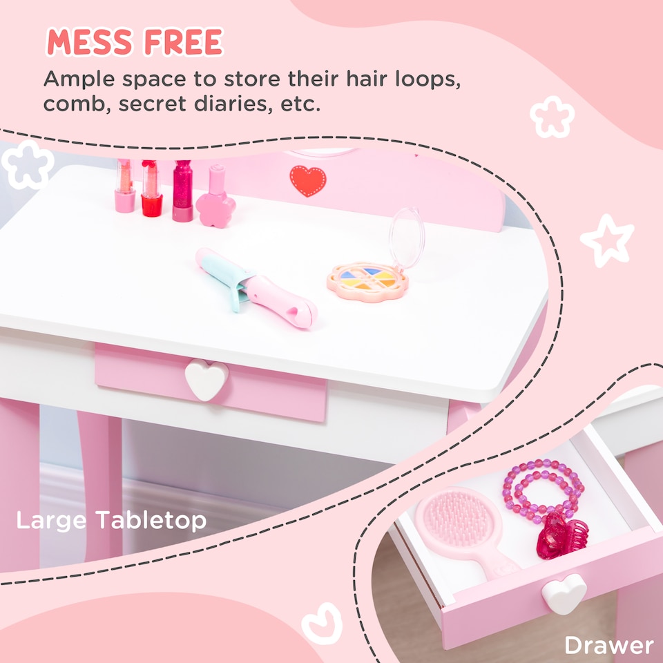 image 1 of ZONEKIZ Kids Vanity Set w Mirror, Drawer, Cute Patterns, for Girls - Pink | Pink | White
