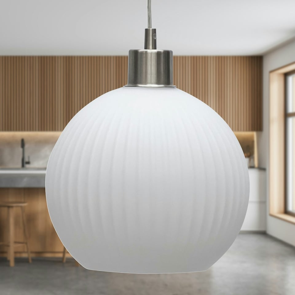 image 1 of First Choice Lighting Betchley White Ribbed Glass Globe with Satin Nickel Pendant Fitting Silver | White
