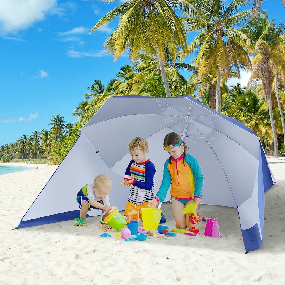 image 1 of Outsunny 2m Beach Umbrella Sun Shelter 2 in 1 Umbrella UV Protection Steel Blue