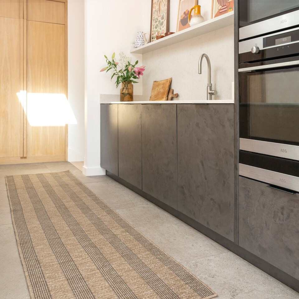 image 1 of KUKOON Leni Washable Striped Jute-Style Runner – Modern Beige Hallway Carpet 80cm x 300cm