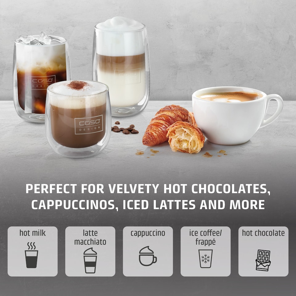 image 1 of CASO Design CappuLatte Electric Milk Frother with 5 Functions, Hot Chocolate Maker with Glass Jug - 400ml Capacity
