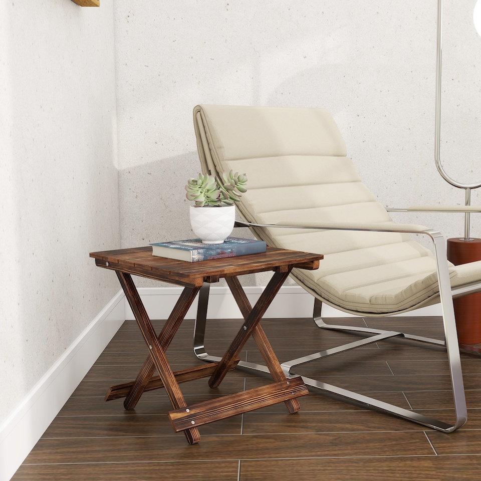 image 1 of Outsunny Wooden Folding Garden Table, Folding Side Table | Brown | Carbonised finish | 43 x 40 x 40 cm