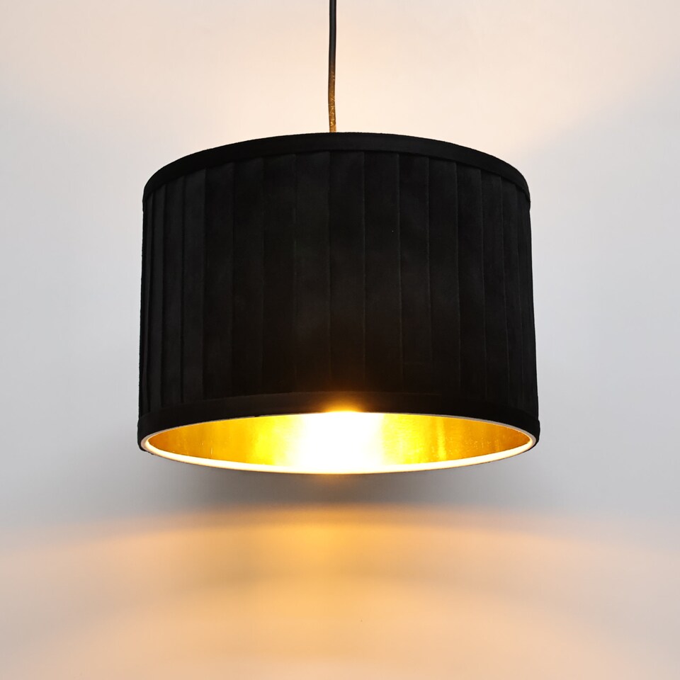 image 1 of Set of 2 Sundance - Black Pleated 30cm Lamp Shades with Gold Inner | Black | Black velvet with gold cardboard inner detail | 2