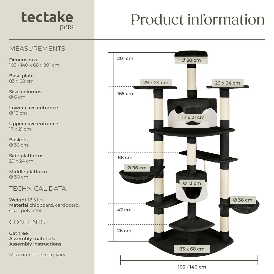 image 1 of Cat Tree Fippi - 201 cm tall, sisal cat scratching post, toy & anti-tip bracket - Black/White