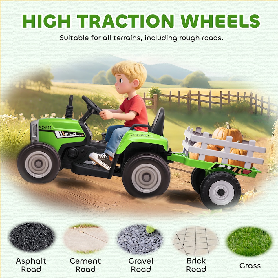 image 1 of HOMCOM Ride On Tractor with Detachable Trailer, Remote Control, Music - Green