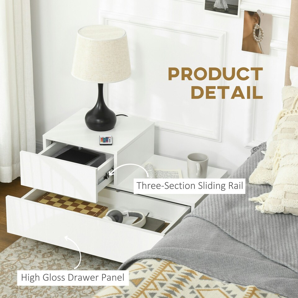 image 1 of HOMCOM High Gloss Front Bedside Table Nightstand with LED Light Remote Black