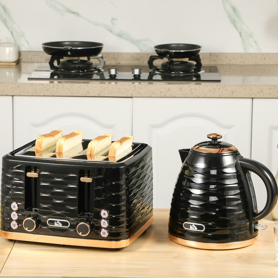 image 1 of HOMCOM Toaster with 4 Slot, 7 Browning Levels, 1600W, Black Ripple Black | Rose gold accents | 29.2 x 27.5 x 18.9 cm