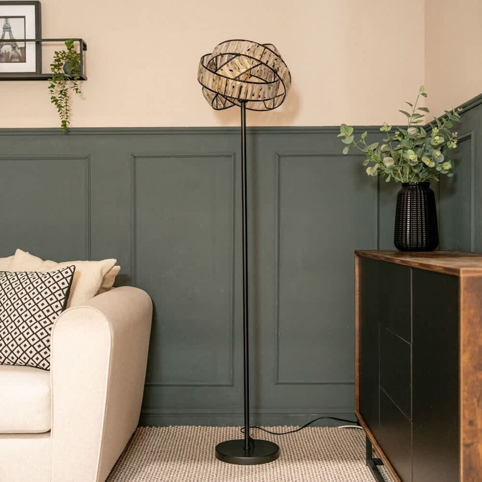 image 1 of ValueLights Hudson Black Floor Lamp Black Tortoise Shell Shade | Black