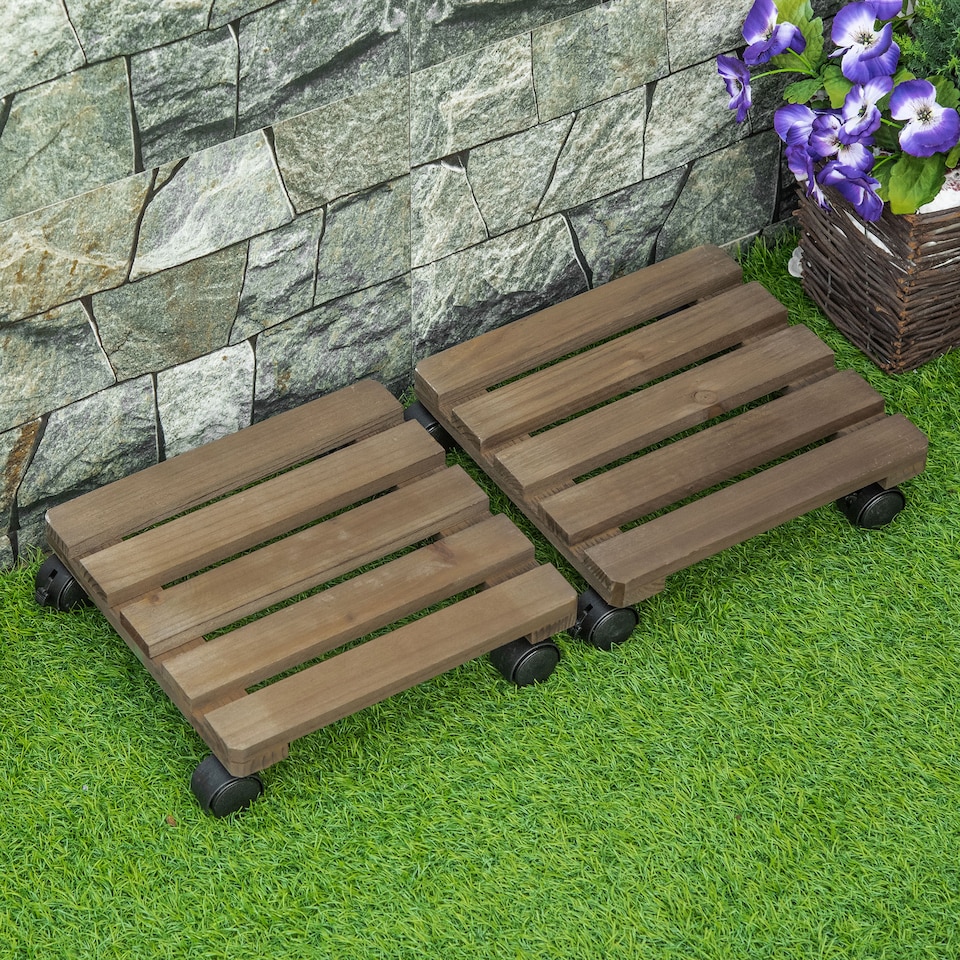 image 1 of Outsunny 2 Pack Plant Caddy with Wheels, Square Wooden Plant Pot Trolley | Brown | Dark brown | 30 x 30 x 7 cm