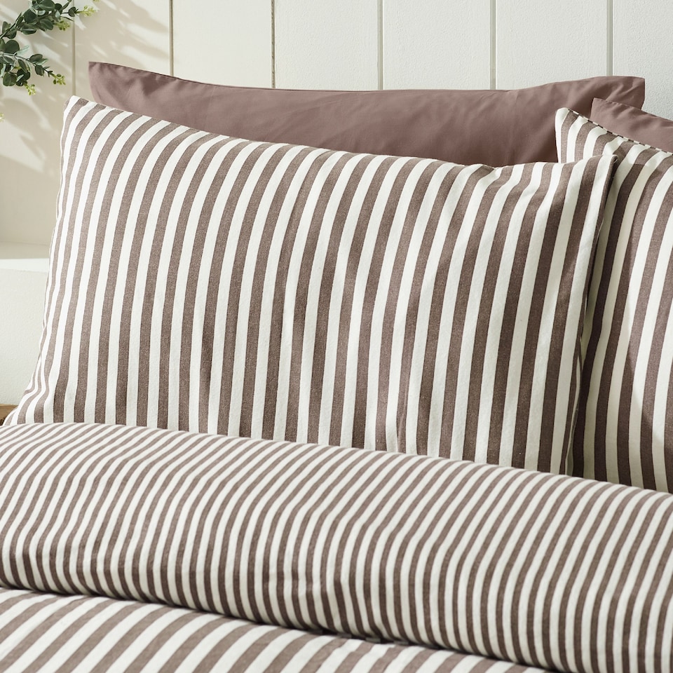 image 1 of Catherine Lansfield Brushed Stripe Cotton Reversible Duvet Cover Set