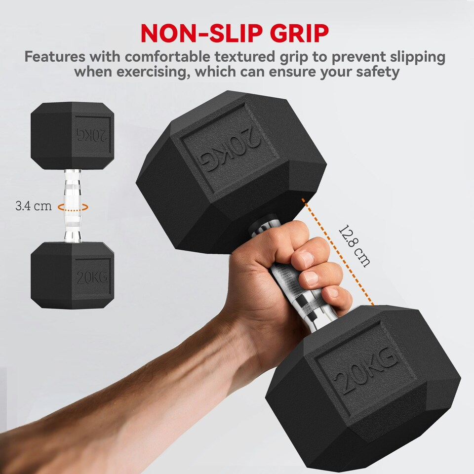 image 1 of HOMCOM 20KG Single Rubber Hex Dumbbell Portable Hand Weights Dumbbell Home Gym