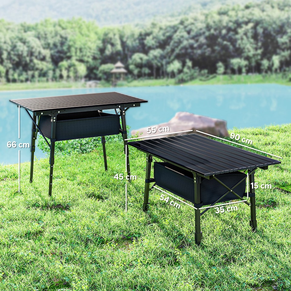 image 1 of Outsunny Folding Camping Table, 90 x 55 cm Height Adjustable Portable Collapsible Table, 3ft Lightweight Aluminium Rollup Picnic Table with Storage Basket for Outdoor Garden Party BBQ, Black | Black | Black | 90L x 55W x 66H cm