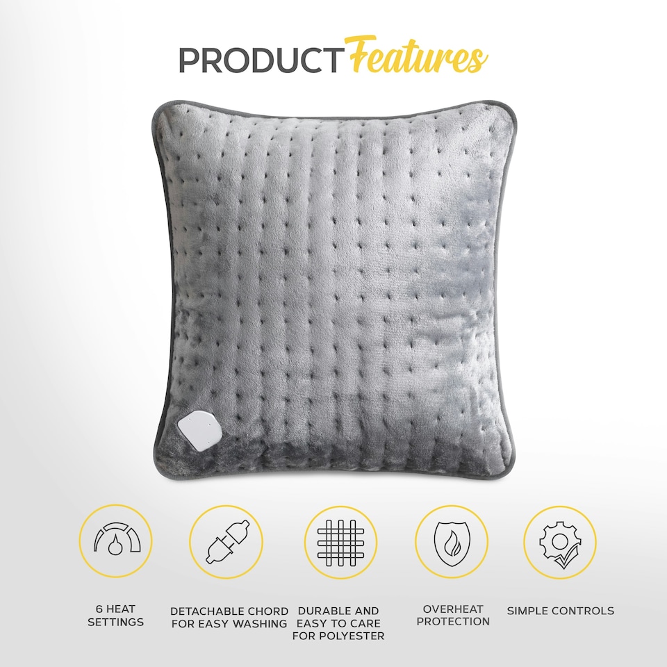 image 1 of MONHOUSE Heated Pillow Grey Cushion - Super Soft Heating Pad for Neck, Back and Shoulder Pain Relief - Detachable Controller, 3 Heat Settings, Machine Washable
