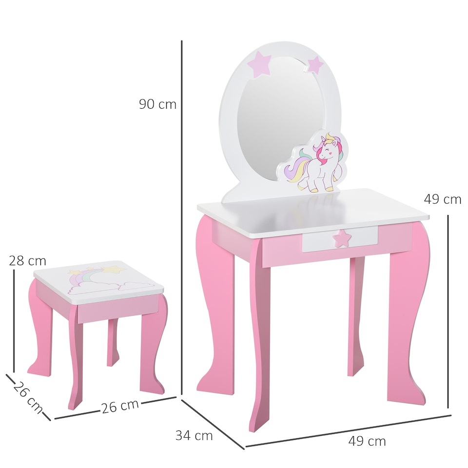 image 1 of HOMCOM Girls Dressing Table with Mirror, Stool, Pretend Play Toy | Pink | White