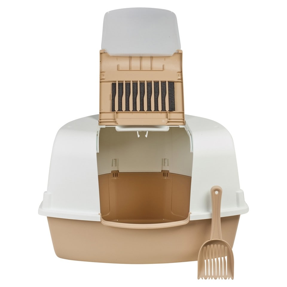 image 1 of Large Cat Corner Litter Tray Hooded Deep Cover Toilet Flap Box with Filter & Scoop | Multi | Mocca | 1