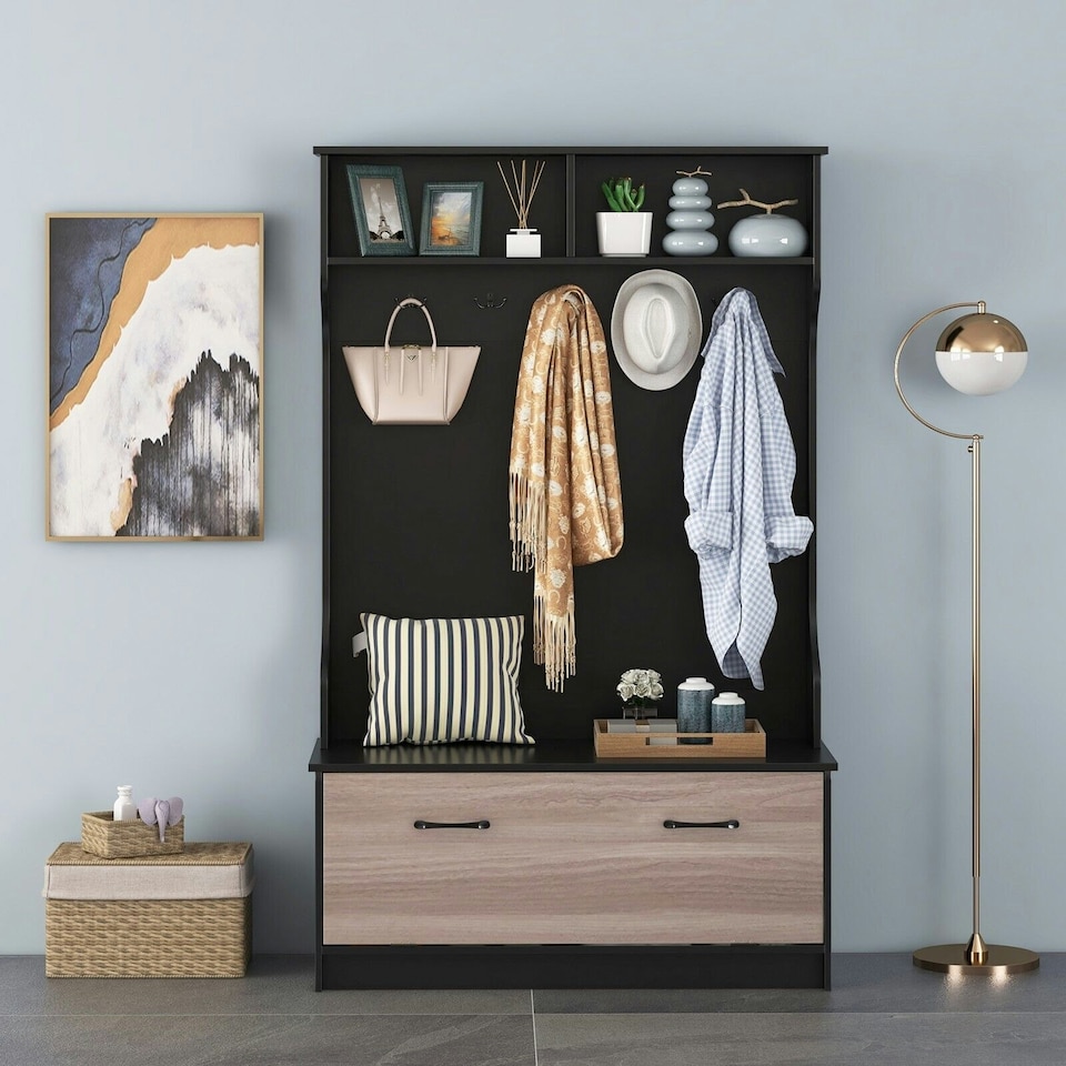 image 1 of COSTWAY 3-in-1 Freestanding Hall Coat Rack Stand Shoe Bench Black Black | One Size