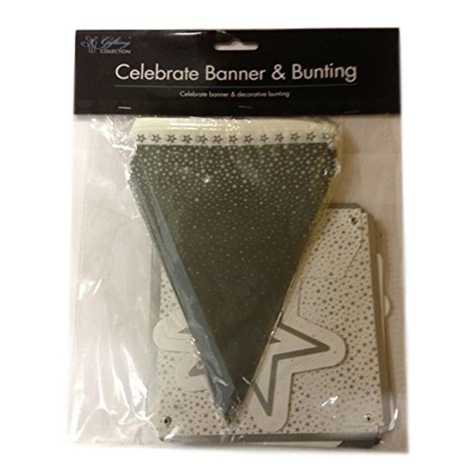 image 1 of Christmas All Occasion Decorative Banner & Bbunting Party Celebrate and Stars Design White Silver