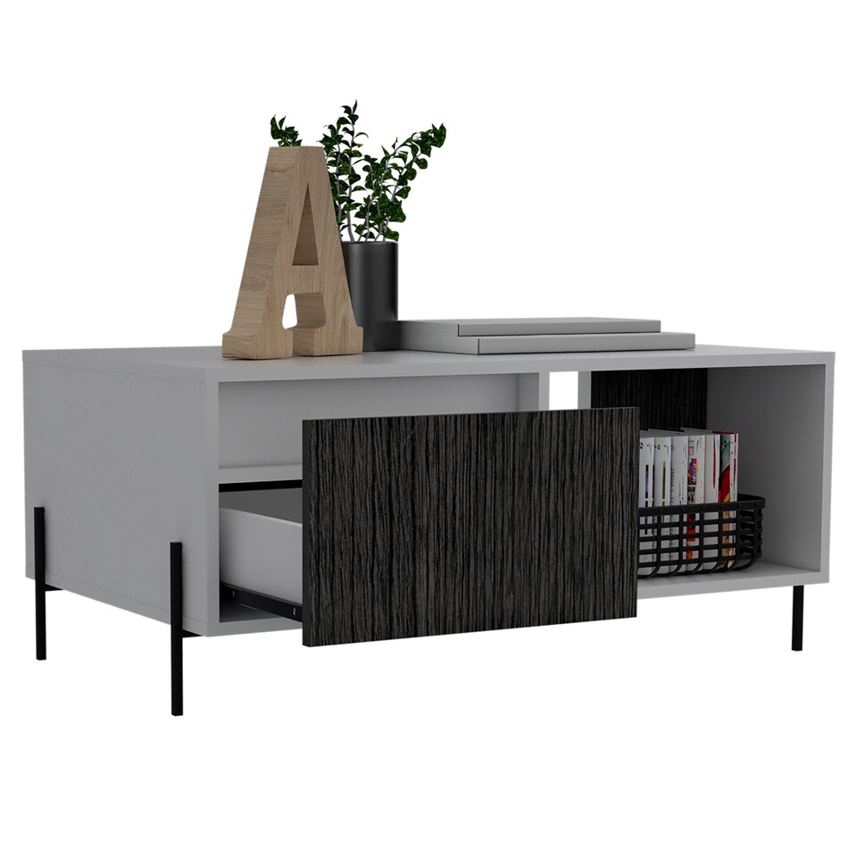 image 1 of Dallas White Coffee Table With Drawer & Open Storage - White and Carbon Grey Oak Effect Top with Metal Hardware | White | White & Carbon Grey Oak | One Size | 1