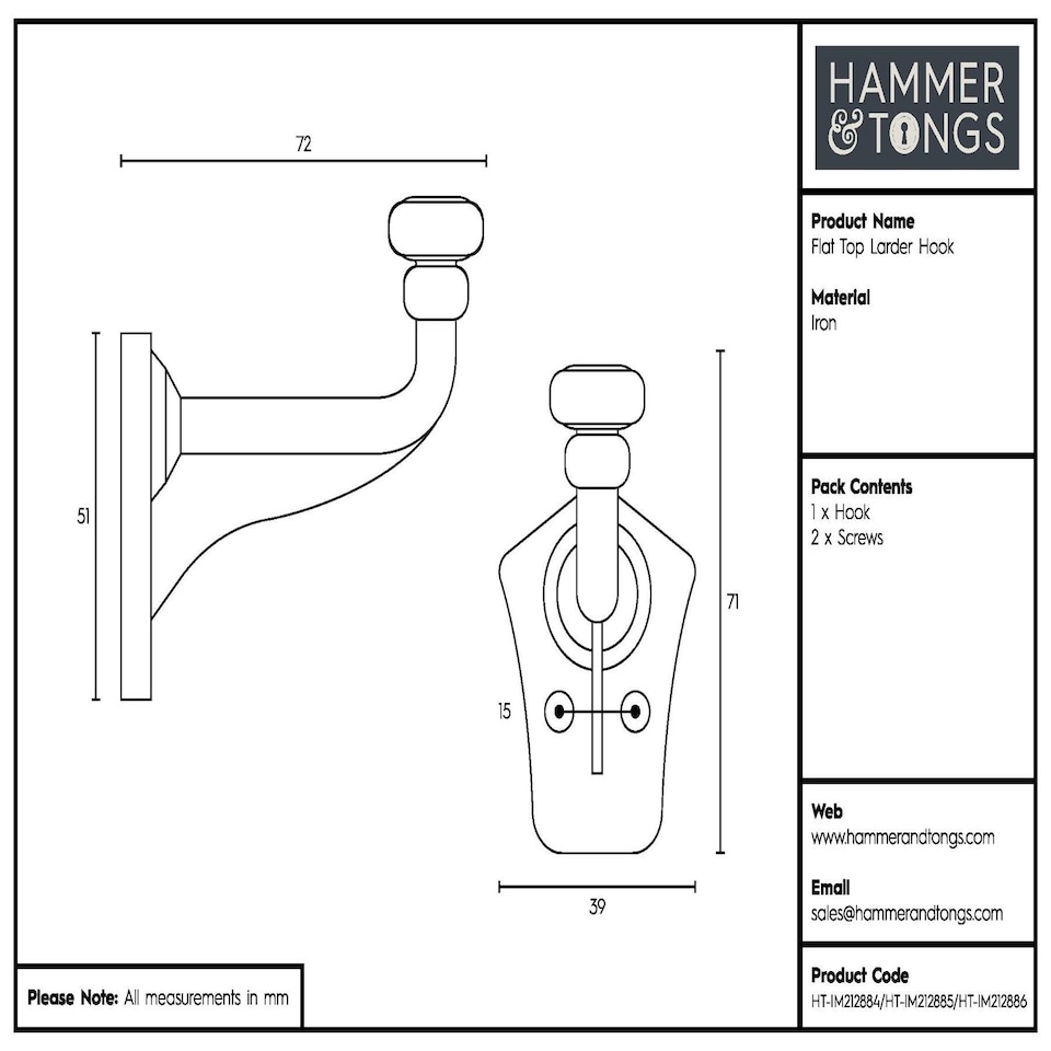 image 1 of Hammer & Tongs Flat Top Larder Hook - W40mm x H70mm - Black