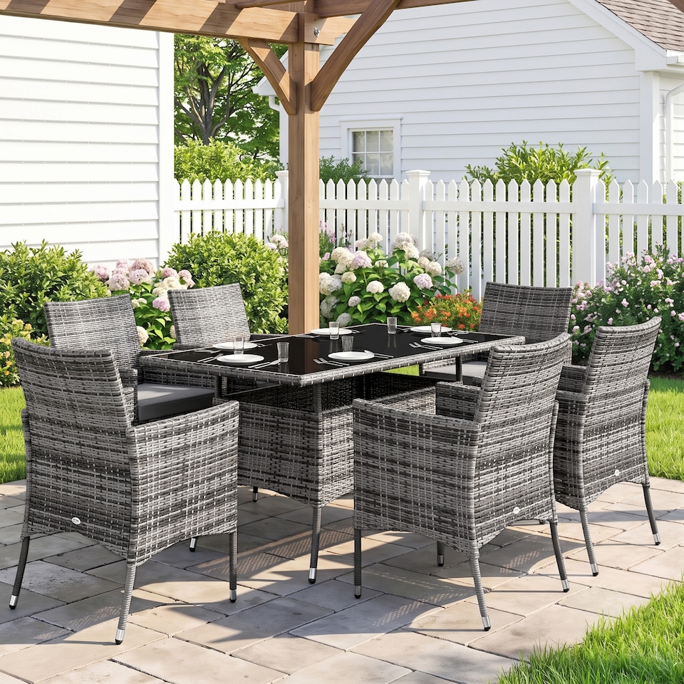 image 1 of Outsunny Rattan Dining Set for 6 with Cushions, Glass Top Table, Grey