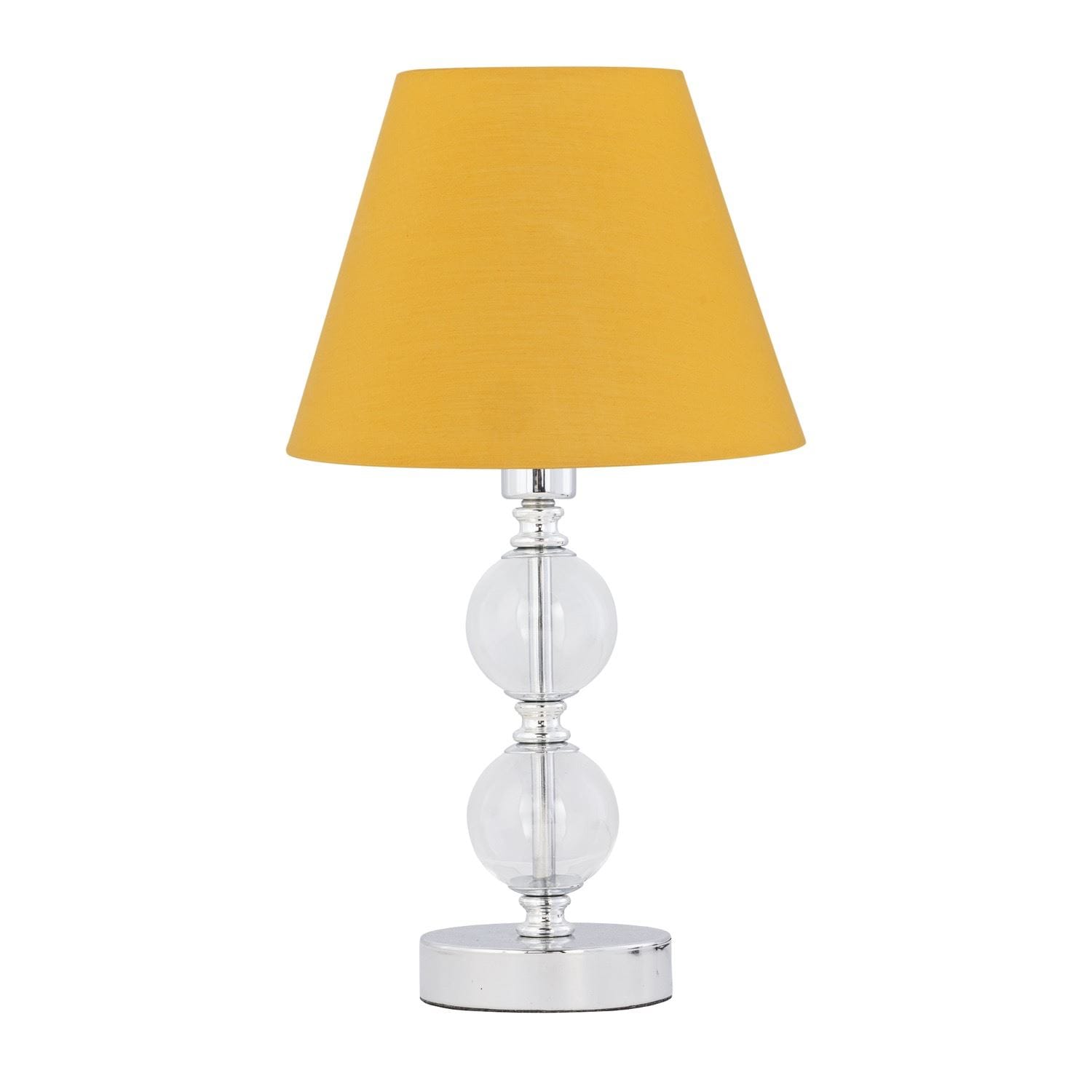 First Choice Lighting Chrome Two Ball Table Lamp with Ochre Yellow Shade in Silver