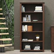 Boston 5-Shelf Tall Bookcase - Rich Dark Brown Lacquer Finish with Handcrafted Adjustable Shelves | Brown | Dark Brown | One Size | 1