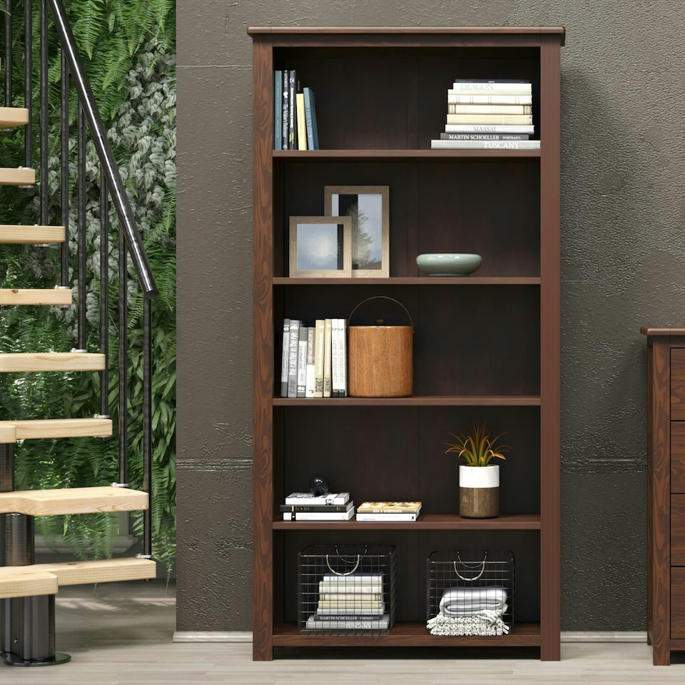 image 1 of Boston 5-Shelf Tall Bookcase - Rich Dark Brown Lacquer Finish with Handcrafted Adjustable Shelves | Brown | Dark Brown | One Size | 1