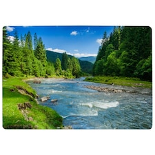 landscape with mountains, forest and a river in front. beautiful scenery (Rug) Blue | XL