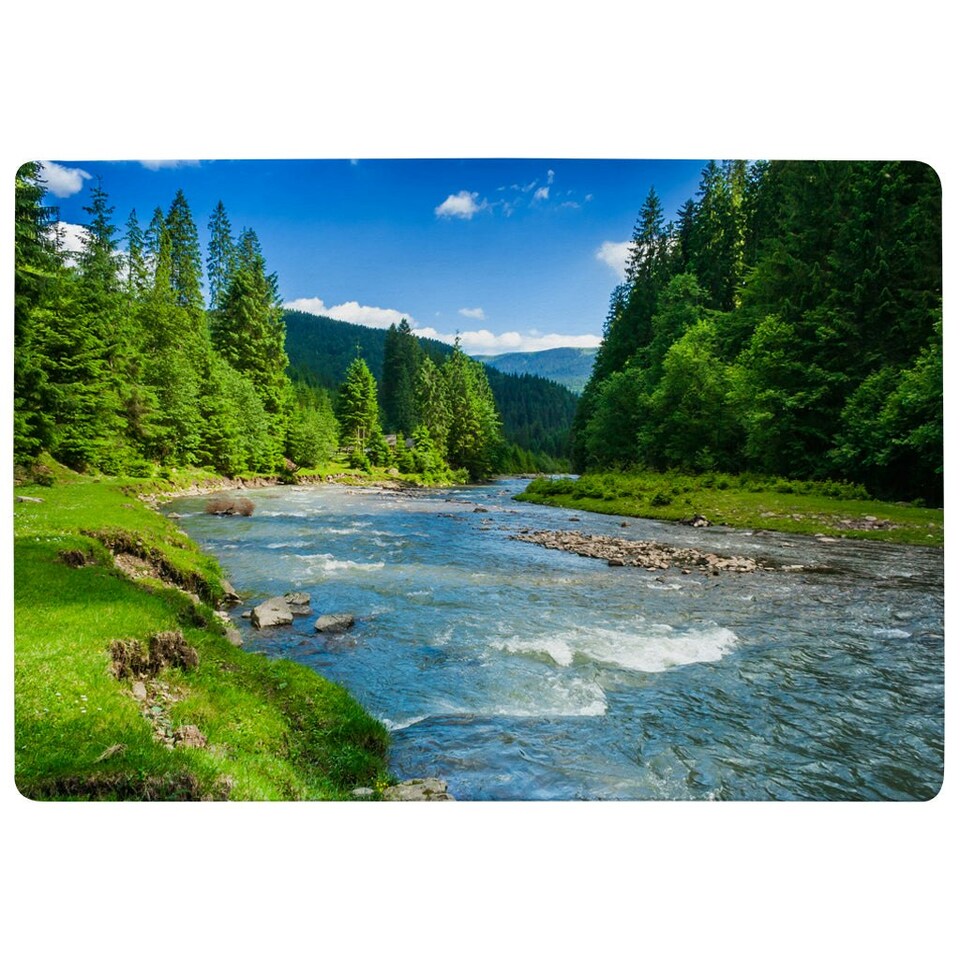 image 1 of landscape with mountains, forest and a river in front. beautiful scenery (Rug) Blue | XL