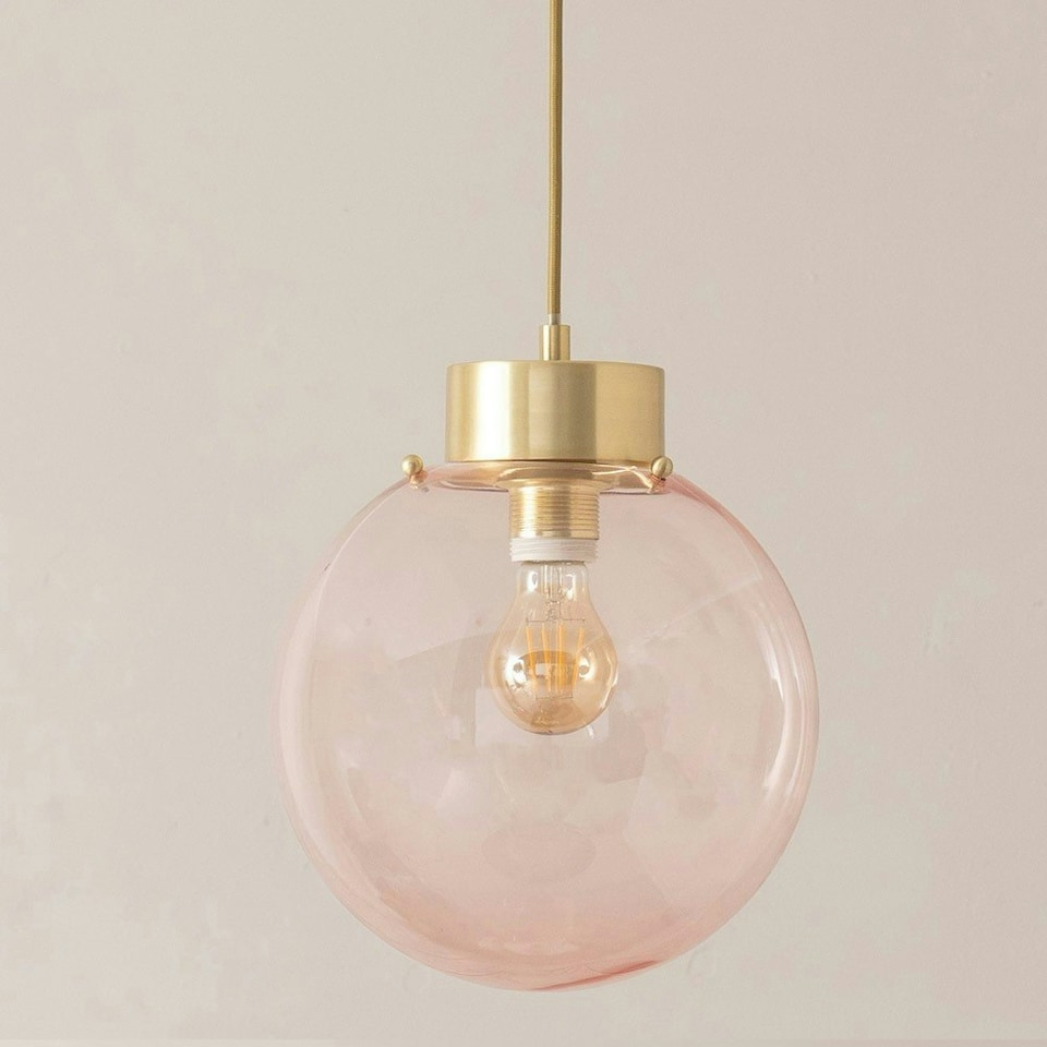 image 1 of ValueLights Frenchie Pink Glass Globe Brushed Gold Capped Ceiling Pendant Light Gold