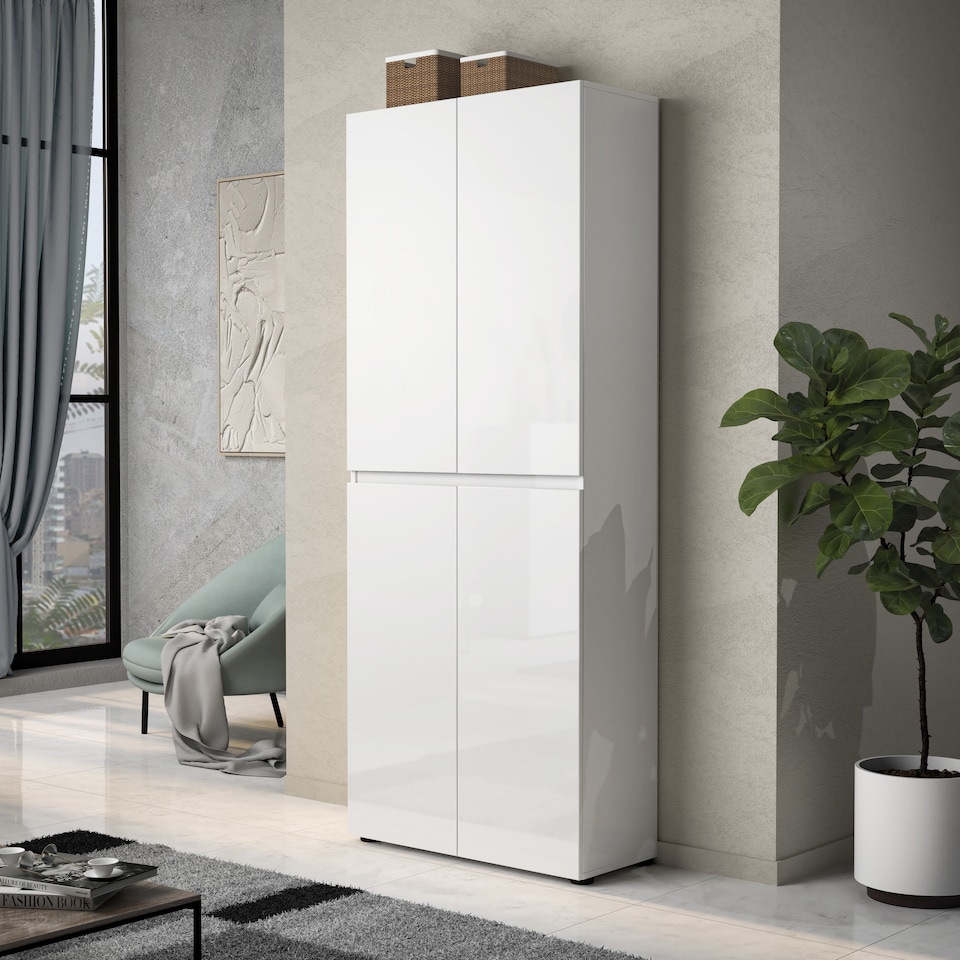 image 1 of FURNICOMP Vida 4 Door 80cm White Gloss Tall Shoe Cabinet/Storage Cupboard