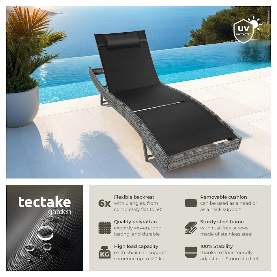 image 1 of Sun Lounger Weatherproof And UV-resistant 6 step Adjustable Backrest Poly Rattan | Grey | mottled grey | 1