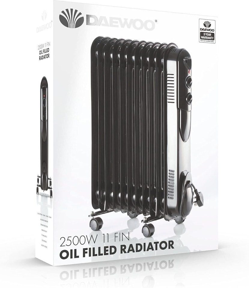 image 1 of Daewoo 2500W 11-Fin Oil Filled Radiator Portable Heater with Thermostat & 3 Heat Settings