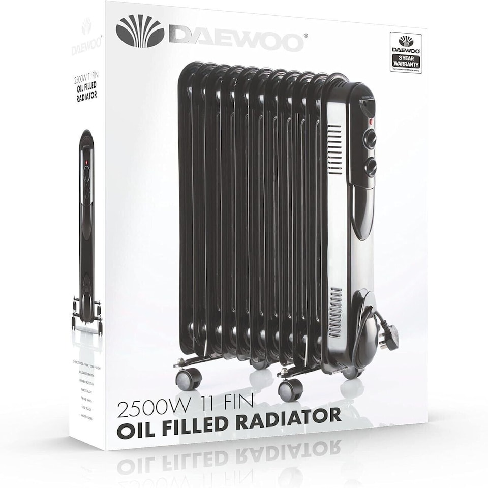 image 1 of Daewoo 2500W 11-Fin Oil Filled Radiator Portable Heater with Thermostat & 3 Heat Settings