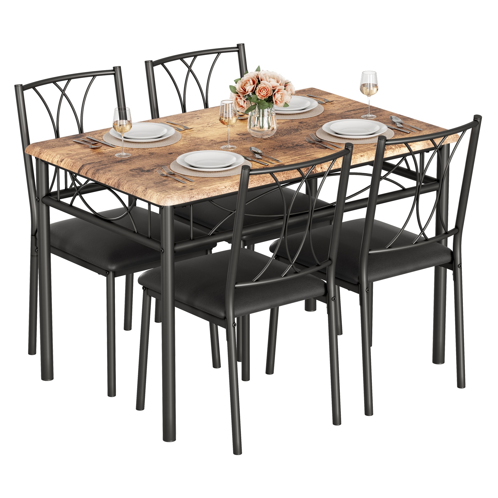 London Boutique Set of 5 Wooden Dining Table Set with 4 Upholstered Chairs and 1 Rectangular Table Dining Kitchen Furniture