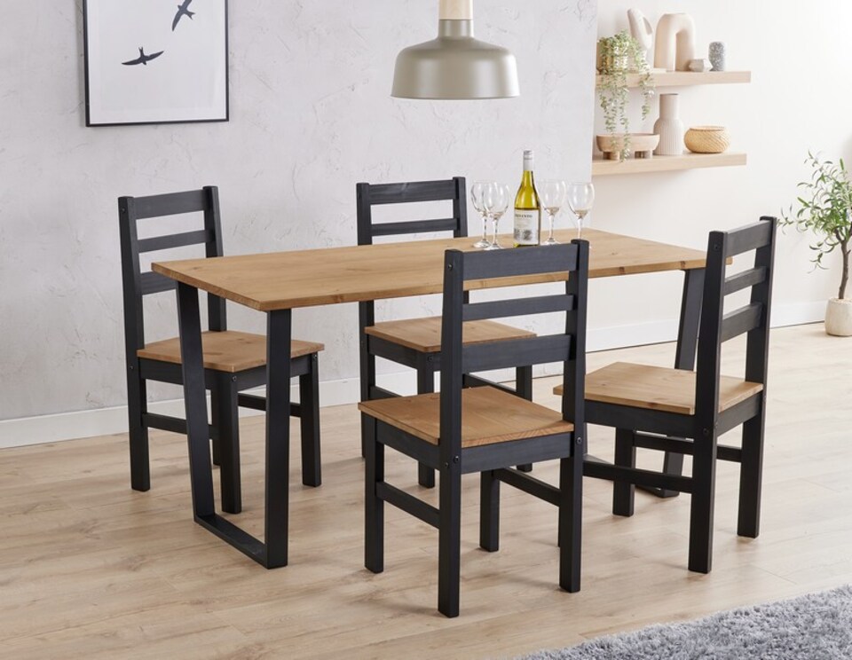 image 1 of Texas Rectangular Dining Table with Metal Legs and 4 Linea Ladder Back Chairs - Black - Antique Waxed Pine - Flat Packed | Black | 5